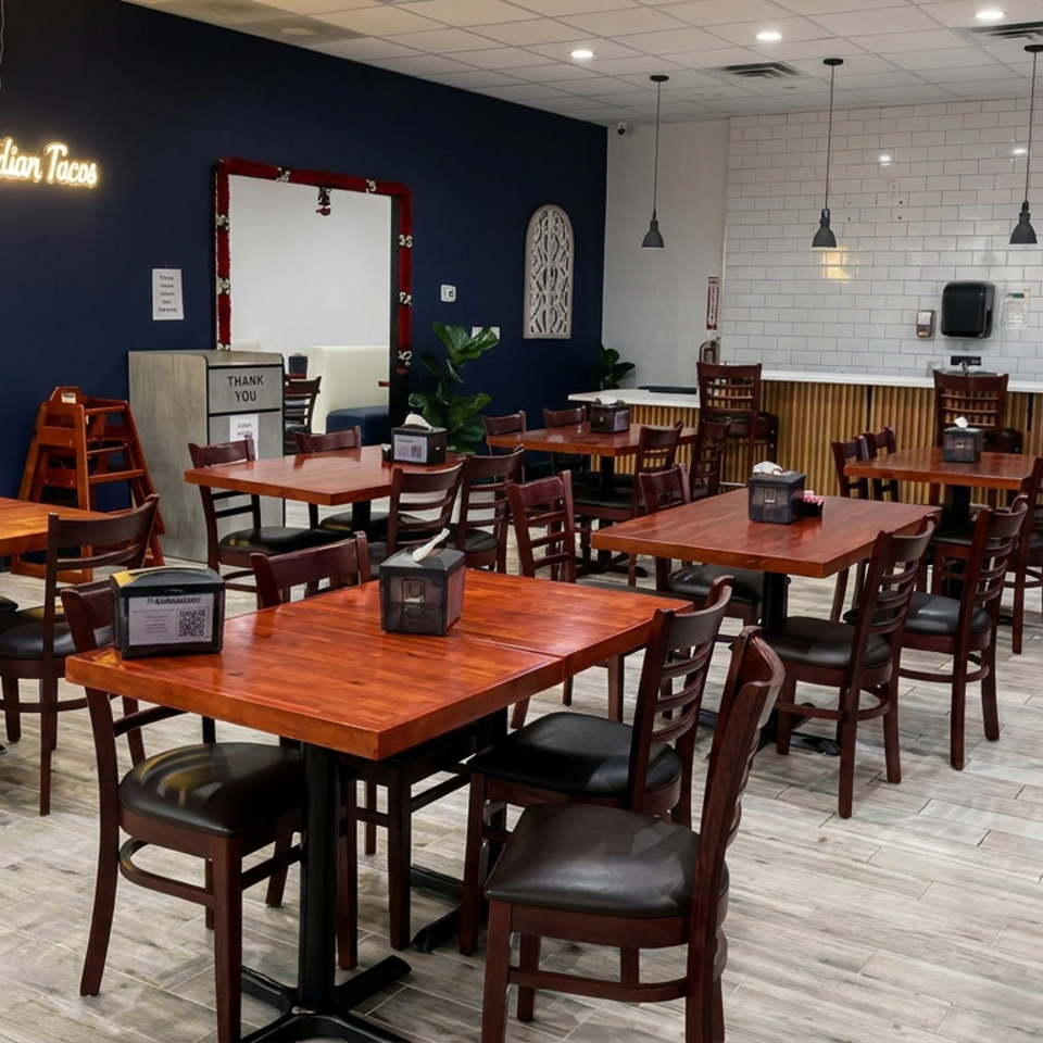 This is an interior photograph of a clean, well-lit restaurant dining room with dark wood tables, matching chairs, and a large blue accent wall featuring a neon sign.